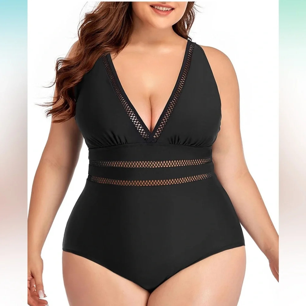 Daci Black V-Neck Lattice One Piece Swimsuit Women’s 28W Plus Size NWT